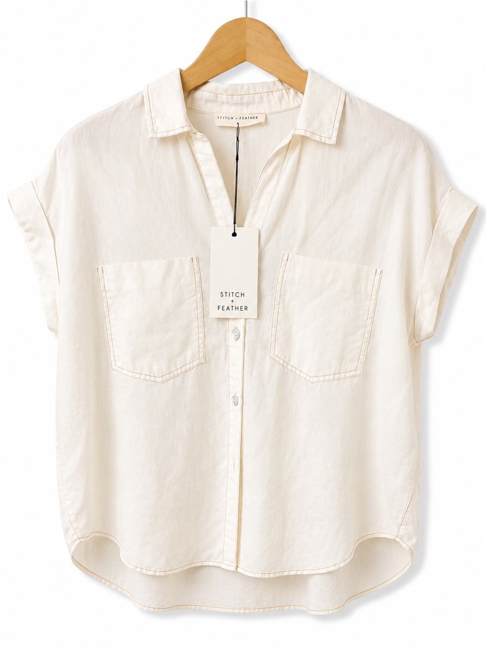 Stitch + Feather Tencel Short Sleeve Button-Up Shirt White Oversized NWT Medium